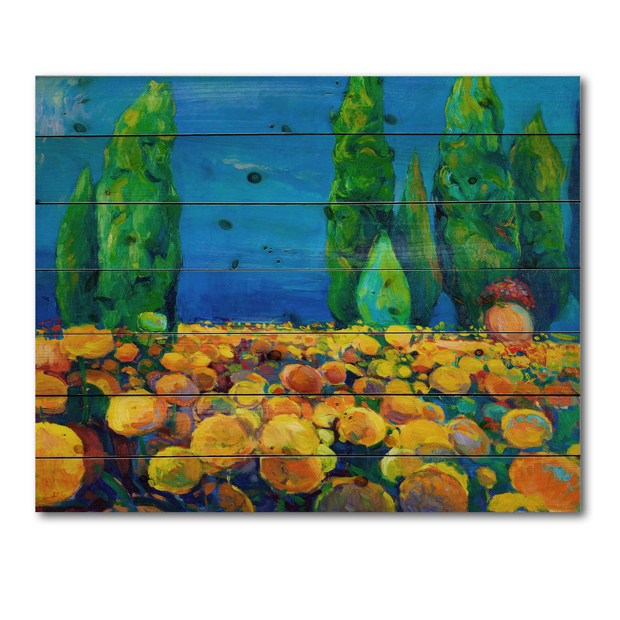 Designart 'Yellow Blossoming Flowers Landscape With Green Trees' Traditional Print on Natural Pine Wood