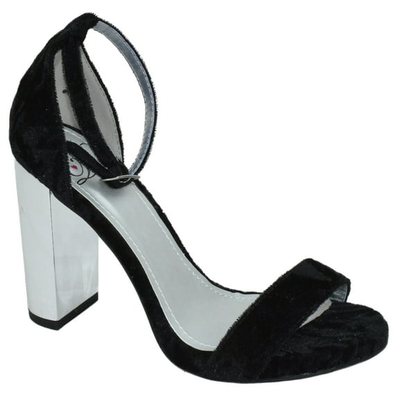 Delicious Women Thick Block Chunky High Heels Ankle Strap Open Peep Toe SHINY-S Velvet Black / Silver Heel 8.5