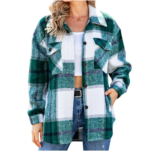 JINMGG Womens Coats Plus Size Clearance ,Fashion Women Casual Pockets Printed Long Sleeve Tops Jacket Plaid Coat
