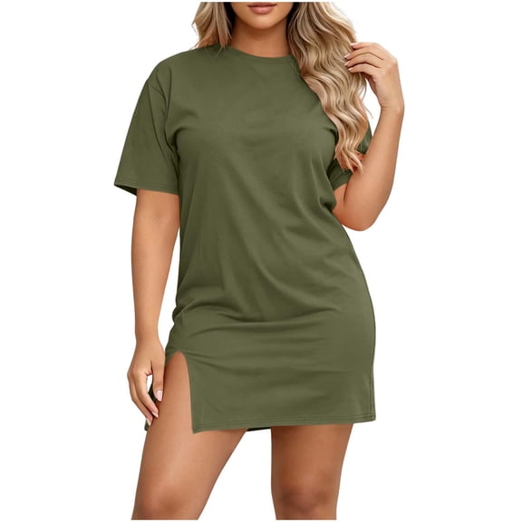 Iyufng Dresses for Women Women's Summer T-Shirt Short Dress Casual Solid Color Round Neck Short Sleeve Loose Fit Slit Mini Dress