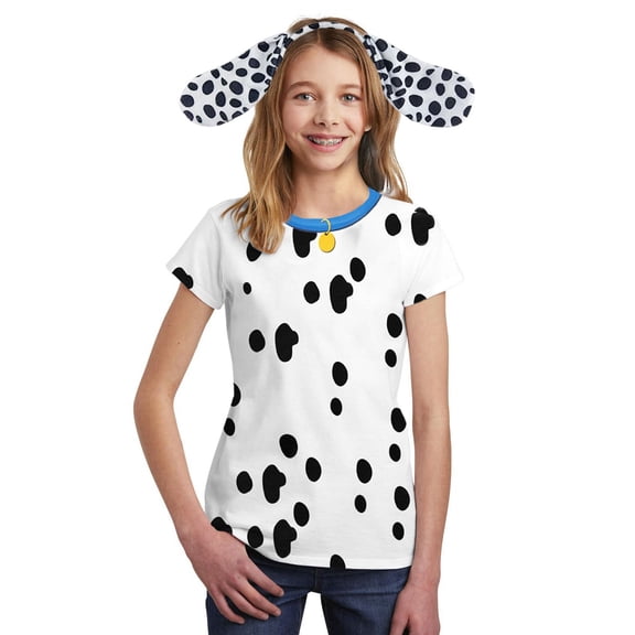 Halloween Costume Dalmatian with Blue Collar Big Kids Sublimation T Shirt with Dog Ears Headband