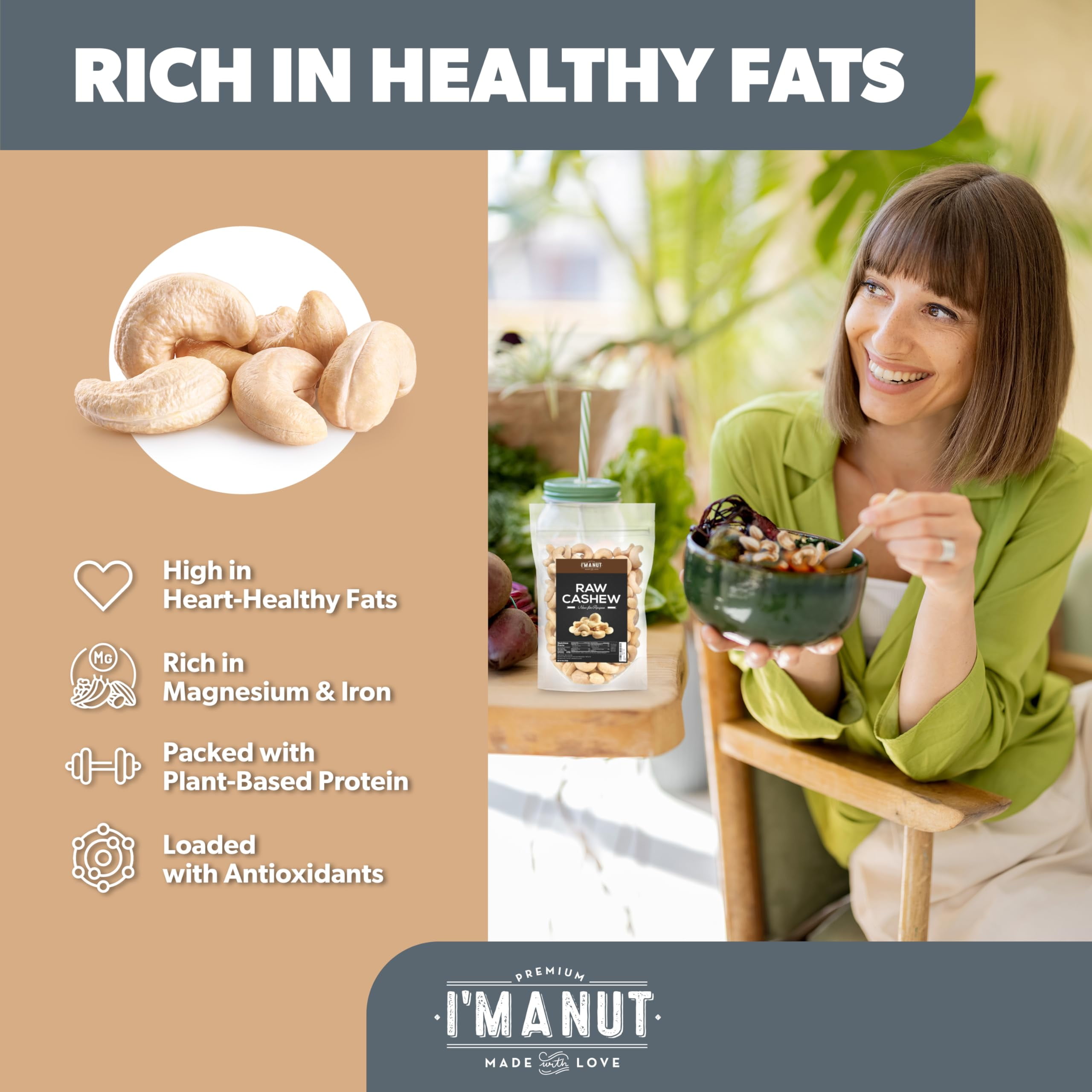 Raw Whole Cashews- 32 oz-100% Natural No Chemical Non GMO-Vegan and Kosher Batch Tested Gluten and Peanut Free I'M A NUT