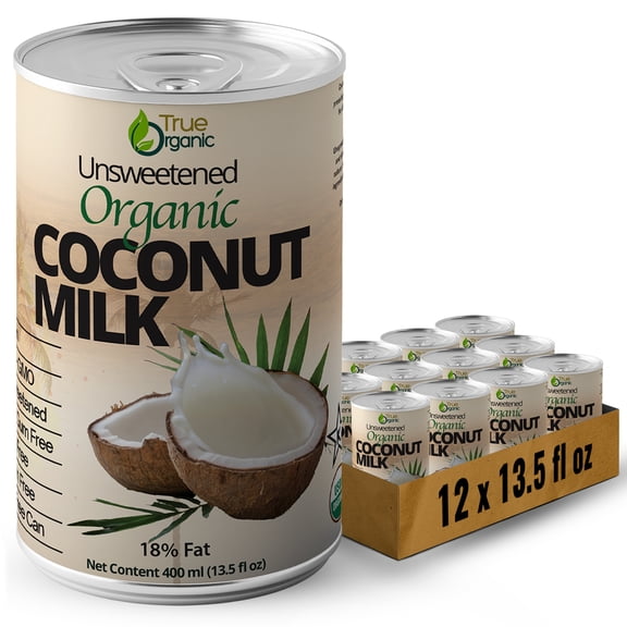 True Organic Unsweetened Coconut Milk 13.5 Fl oz - No Guar Gum- 18% Coconut Milk Fat (12-Pack)