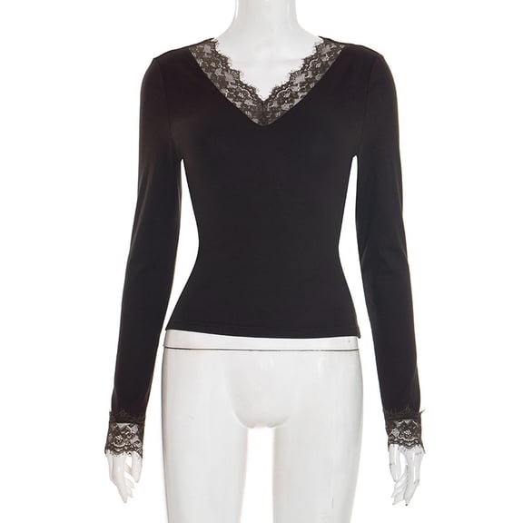 3 Pack Women Polyester Long Sleeve Tops, Lace Spliced V Neck Waist Cinching Slim Sexy Blouses for Autumn