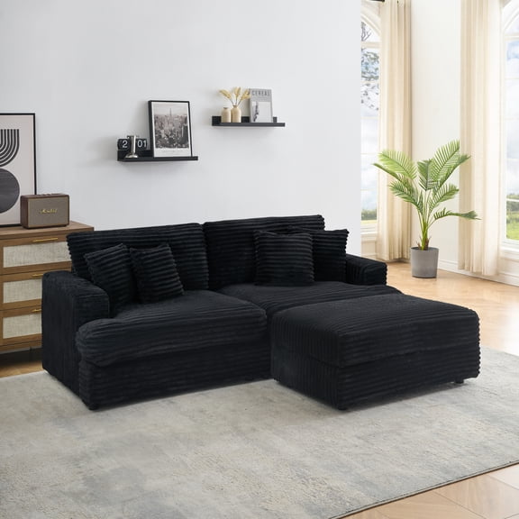 Miekor Furniture 88.58 inch Black corduroy sofa, single storage leg & four pillows, soft as a cloud, stylish lazy sofa, suitable for living room and office MK1016