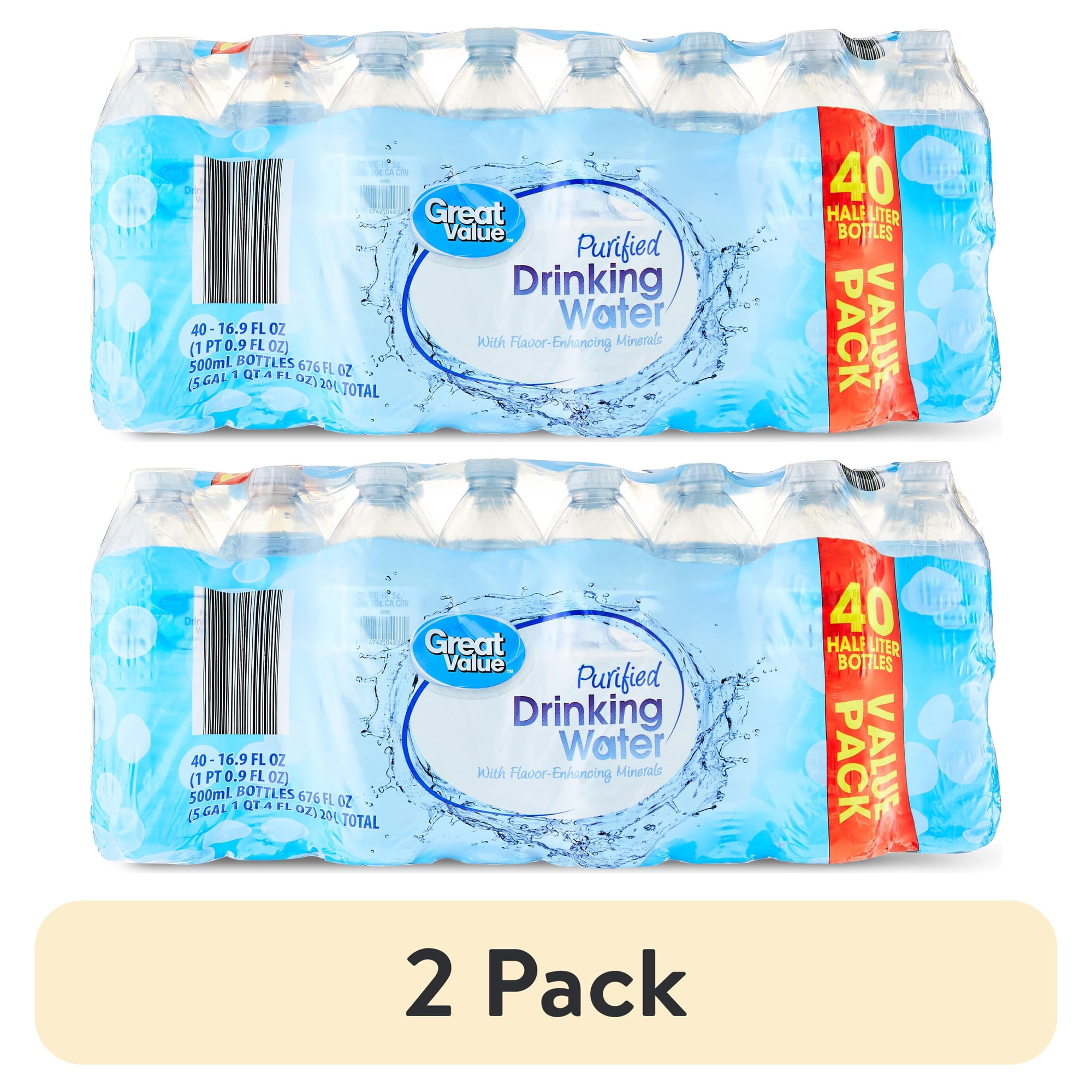 (2 pack) Great Value Purified Drinking Water, 16.9 fl oz Bottles, 40 Count Pack