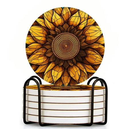 

Bahomeck Drink Coasters Set Of 6 With Holder Sunflower In The Style Of Stained Glass Water Absorbent Ceramic Coasters Tabletop Protection Suitable For Various Cup Home Decor