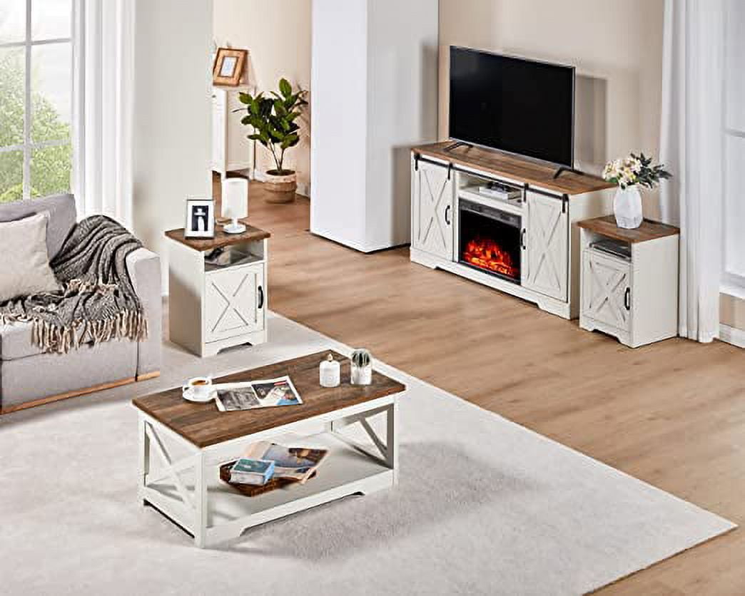 AMERLIFE 5 Piece Farmhouse Table Set Includes Fireplace TV Stand Coffee Table Two End Tables with Charging Station and USB Ports for Living Room