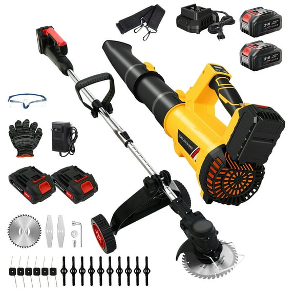 Cordless String Trimmer with Wheels and Leaf Blower Combo Kit, Weed Eaters with 3 Types Blades, Electric Leaf Blower with 2*6.0Ah Battery & Charger