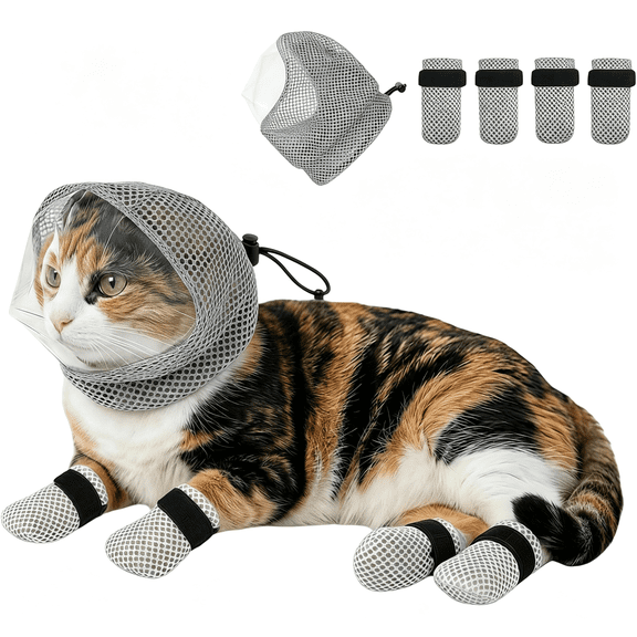 GASTROPOD Cat Muzzle - Adjustable Anti-Bite Head Cover,Breathable Cat Grooming Helmet Mask with 4 Anti-Scratch Claw Covers for Nail Trimming,Injections & Bathing