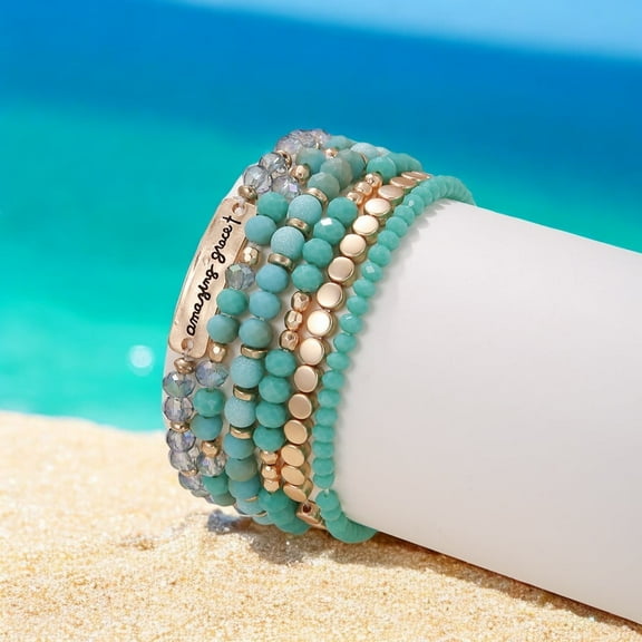 Ella & Elly Plus Amazing Grace Teal Green & Gold Beaded Stretch Bracelet Set 6PCS