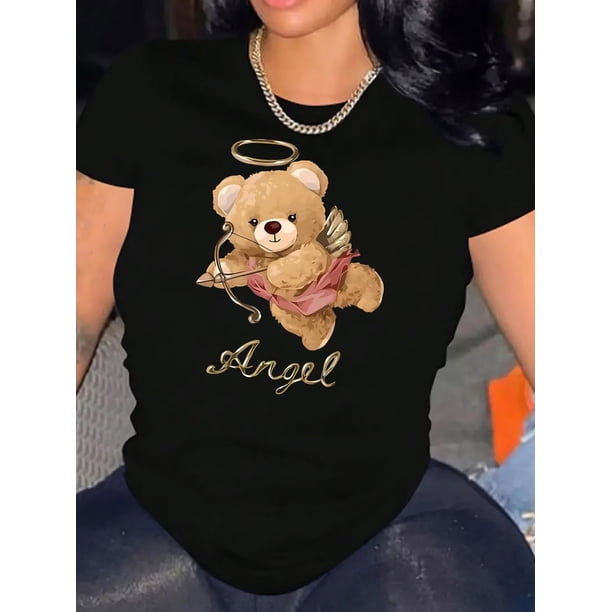 Camiseta para mujer con Cuello de verano1pc Angel Bear Print Women'S Casual Crew Neck T-Shirt, Polyester Knit Fabric, Medium Stretch, Animal Pattern, All-Season Comfort FitFather's Day, Mother's Day