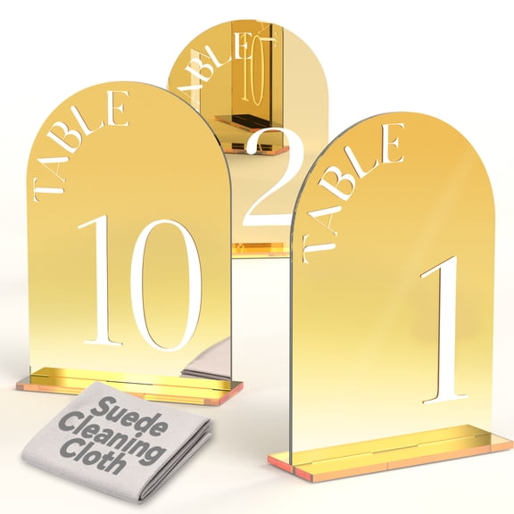 Framokoko 5"x7" Mirrored Arched Table Numbers 1-10 with Stands, Double-sided Letters, Acrylic Wedding Table Numbers Centerpiece Decor for Wedding Reception Party Restaurant (Gold 1-10)