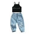 thumbnail image 2 of Douhoow 2 Pcs Toddler Girl Casual Outfits Short Letter Print Halter Tank Top Ripped Jeans, 2 of 8