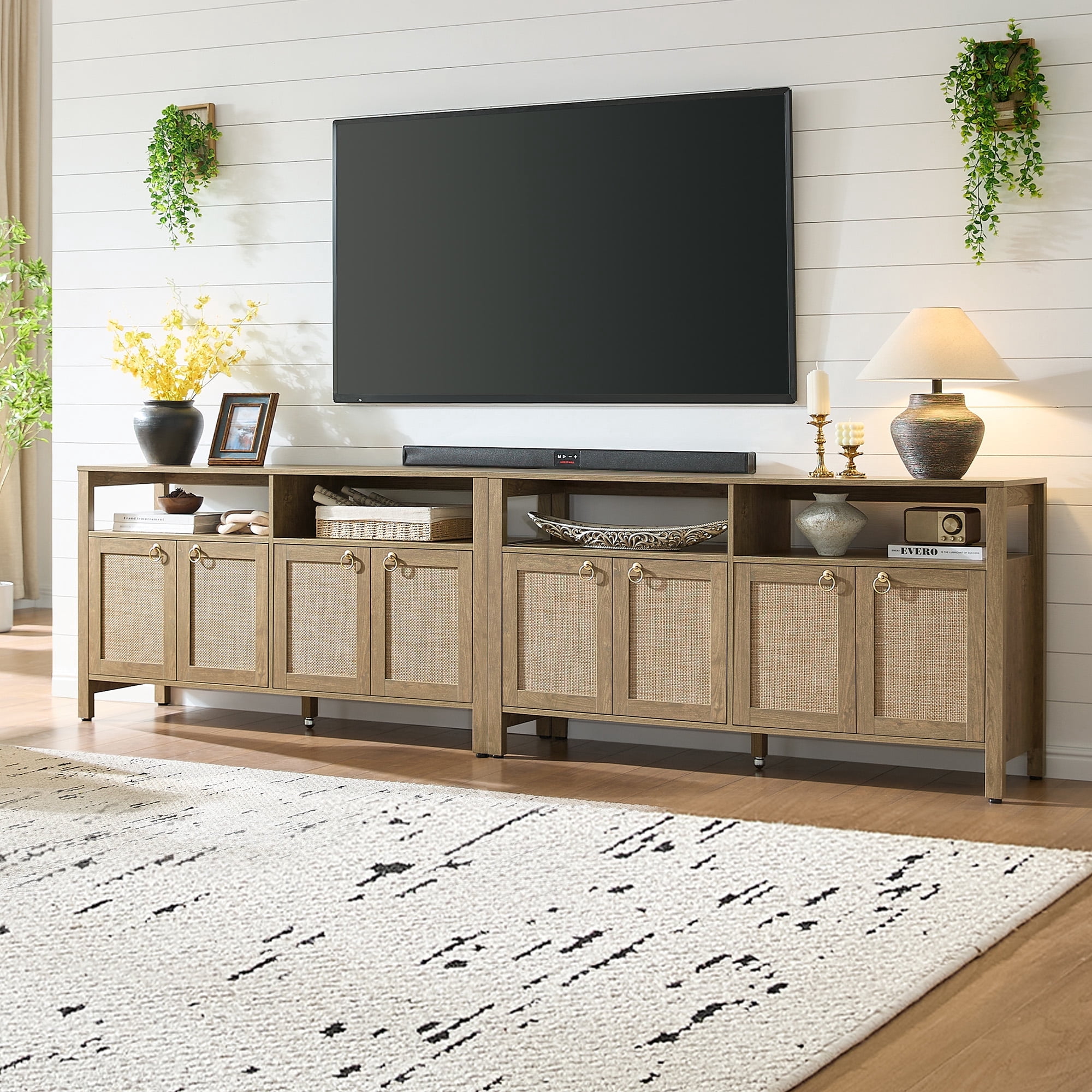 SICOTAS Boho TV Stand for TVs up to 65", Rattan 29.5" Tall Entertainment Center with Storage Cabinets & Adjustable Shelves , TV Console Table Set of 2 for Living Room, Oak