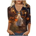 thumbnail image 2 of Women's Halloween Ghost Tops V Neck 3/4 Sleeve Festive Shirts Scary Pumpkin Graphic Blouses Casual Relaxed Fit Fall T-Shirts for Autumn Holiday Wear Vacation, 2 of 5