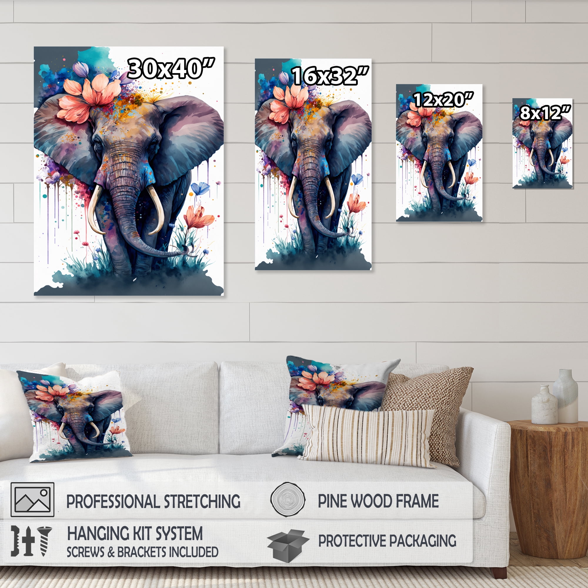 Designart Cute Elefant Floral Art I Canvas Wall Art