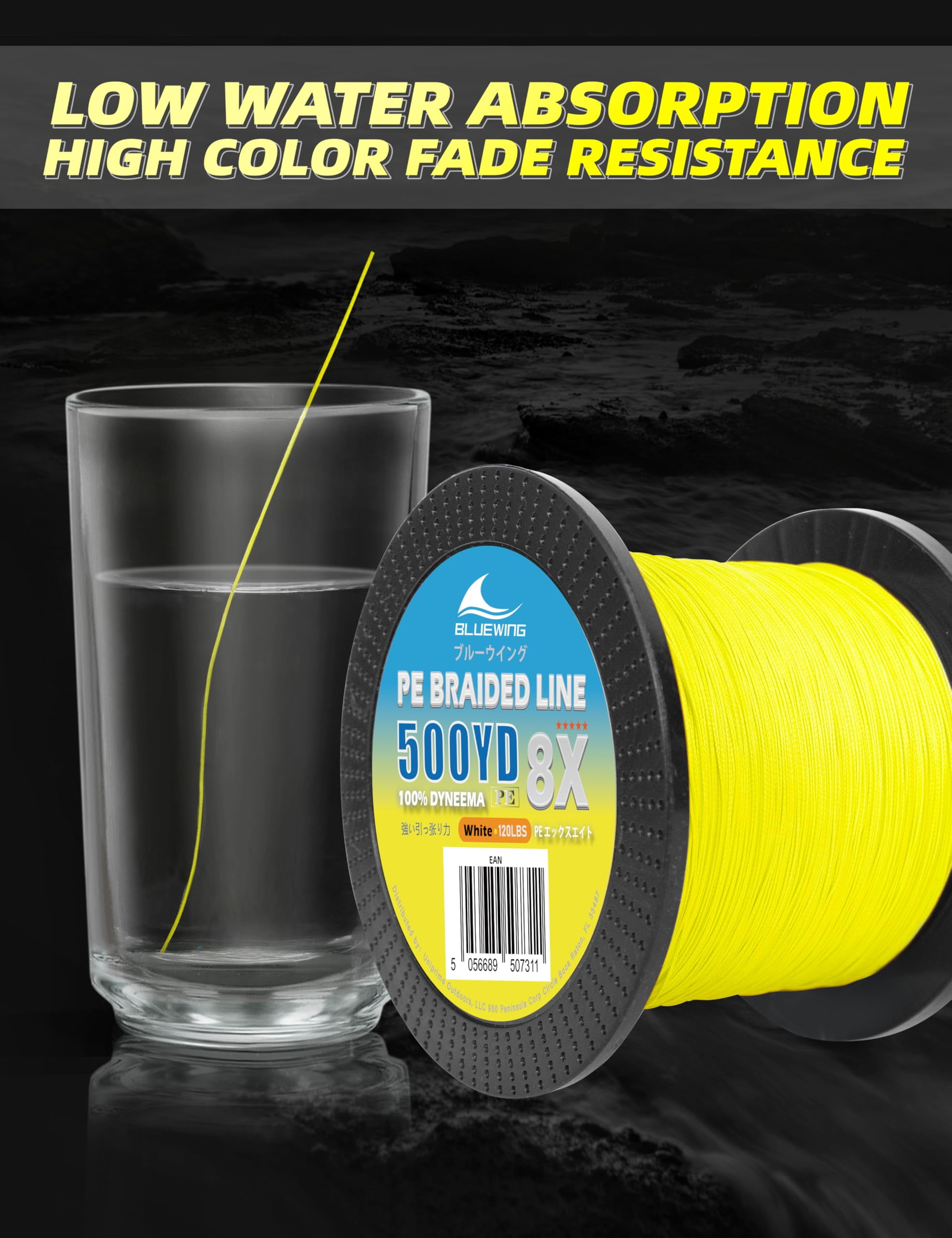 BLUEWING Braided Fishing Line 8 Strands PE Braid Fishing Lines Thin Diameter & Abrasion Resistant Fishing String for Saltwater Fishing 100LBS 500YD Yellow