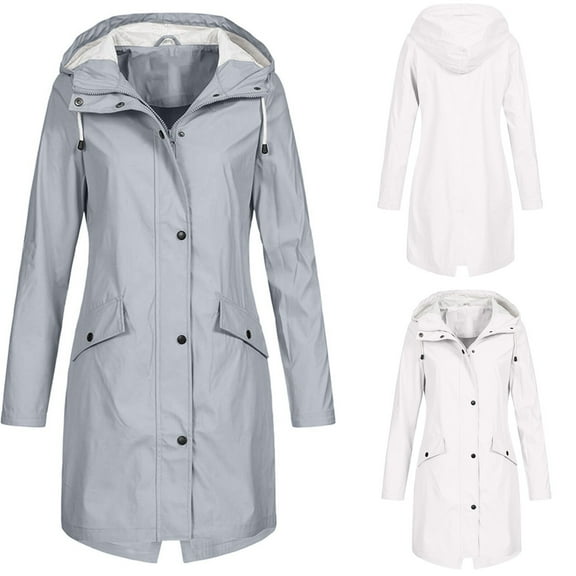 Dazajoo Womens Long Hooded Rain Jacket Waterproof Jacket Fleece Lined Zipper Rain Coat with Pockets,Gray,S