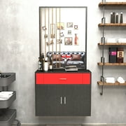 Artist Hand Wall Mount Barber Salon Station Hair Styling Makeup Spa with Mirror, Drawer, 2 Doors (Black+Red)