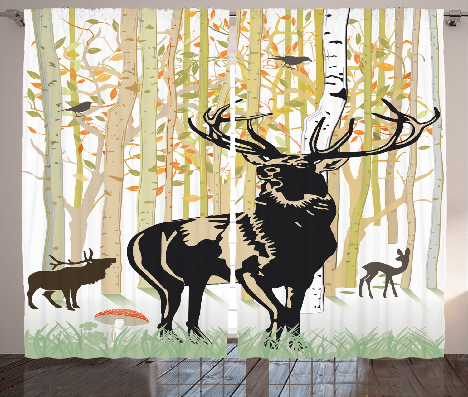 Deer Curtains 2 Panels Set, Deers in Autumn Forest Colorful Leaves Trees Grass Wildlife Fall
