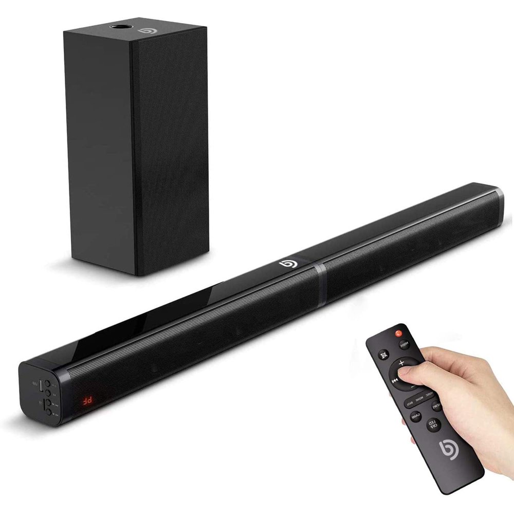 SoundBars with Subwoofer Bomaker 2.1 CH Sound bar For TV 5 EQ Modes 110dB Bluetooth 5.0 LED