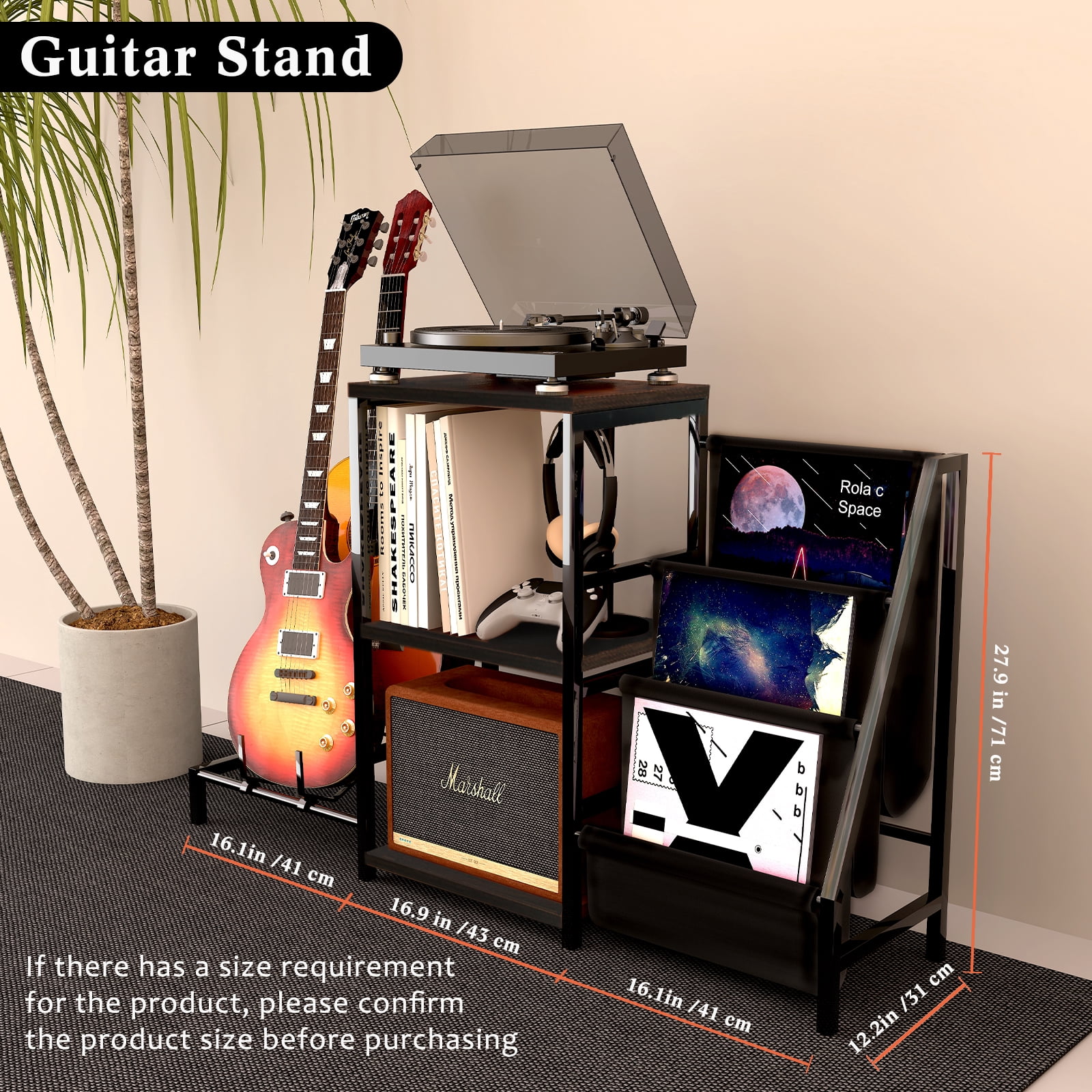 EASTROCK Guitar Stand & Record Player Stand with 3-Tier Vinyl Storage & Amp Stand for Music Room/Studio,Metal Shelf and Wooden Boards