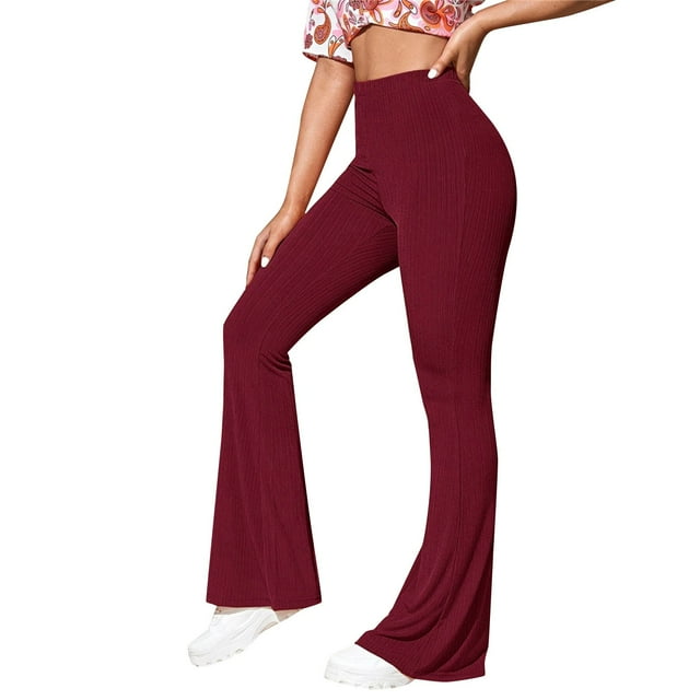 Women's Casual Pants Elastic Waist High Waist Flared Bell Bottom Ribbed Knit Yoga Red M