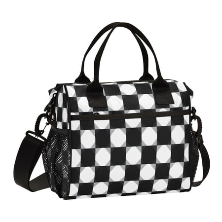 Stylish Insulated Lunch Tote Bag Lunch Cooler Tote Reusable Cooler Bag for Work Camping Picnic Beach Black and White Gingham Pattern