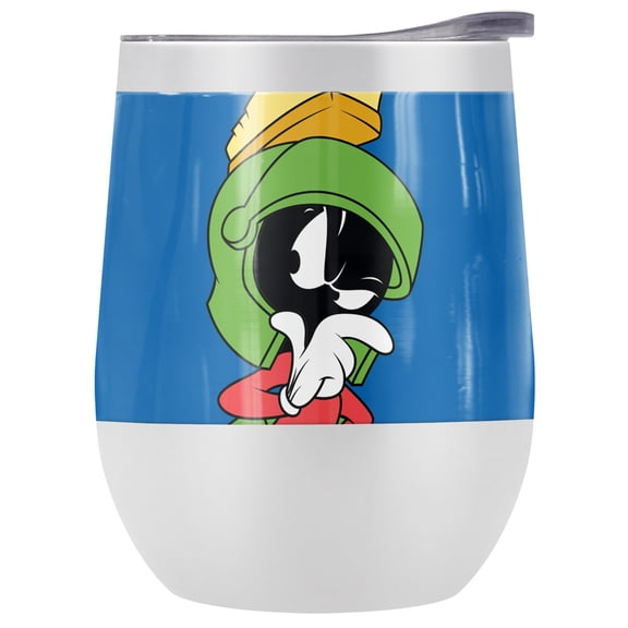 Looney Tunes Official Marvin the Martian 12 OZ Stemless Wine Tumbler, Stainless Steel Travel Cup|Lake Tumbler|Insulated with Leak Resistant Slide-Lock Lid, White