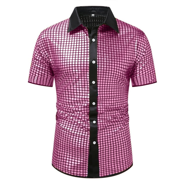 Plebaso Men's Button down Sequin Shirts Sparkly Short Sleeve Collared Shirts Fashion Tops for Club Party