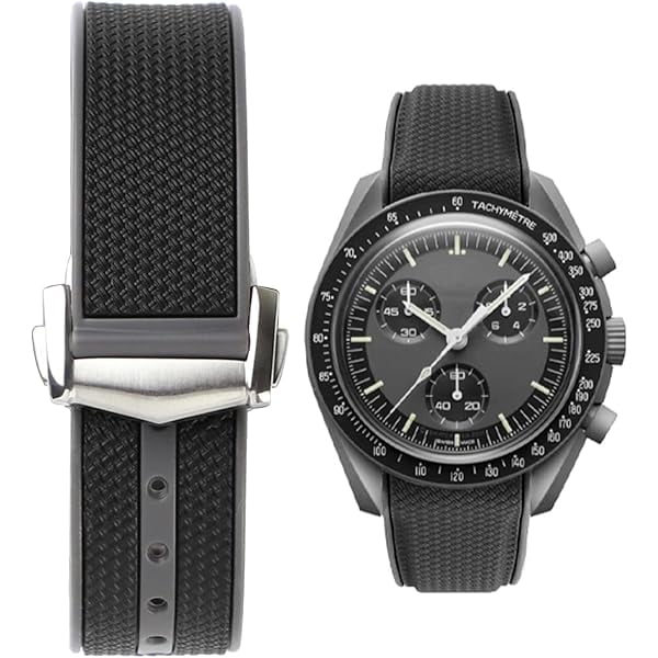 wonima11 20mm Curved End Rubber Watch Band for Omega X Swatch,Omega Speedmaster moonwatch Folding Buckle Watch Strap Replacement Watchband No Gap Deployment Buckle Men Women Dustproof Washable