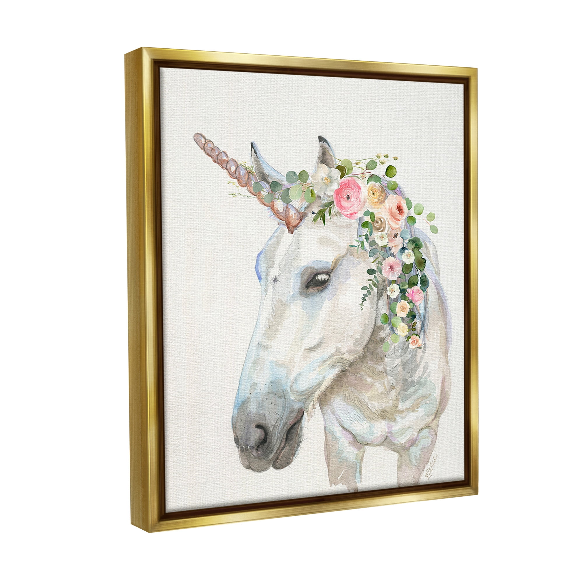 Stupell Industries Unicorn & Flower Garland Fairy Tales & Fantasy Painting Gold Floater Framed Canvas Art Print Wall Art, 17 x 21