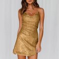 thumbnail image 2 of BLTIBY Women's Spaghetti Strap Sequin Dress Club Party Sparkling Pleated Bodycon Mini Cocktail Dresses Gold XL, 2 of 9