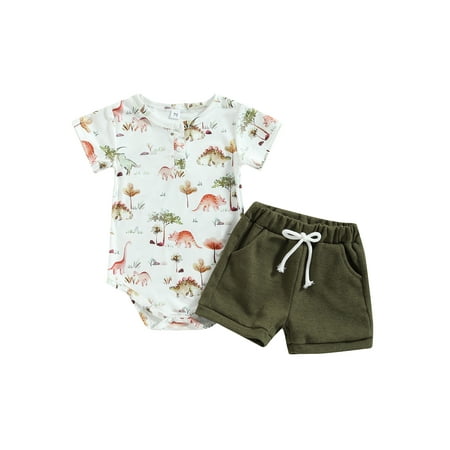 

Genuiskids Dinosaur Outfits Baby Boy Summer Clothes Short Sleeve Infant Summer Romper Cartoon Dinosaur Print Shirt Tops Solid Color Jogger Shorts