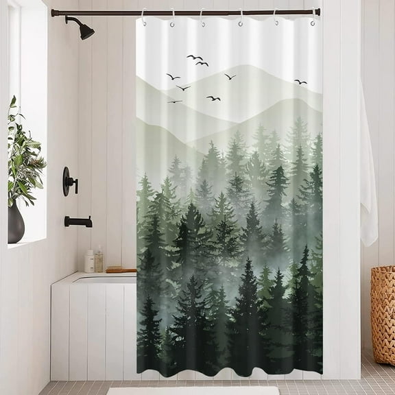 Green Misty Forest Shower Curtain Set Ombre Sage Green White Waterproof Fabric Shower Curtains Nature Tree Mountain Woodland Decorative Bathroom Bath Curtain Decor (Green,36"x 72")