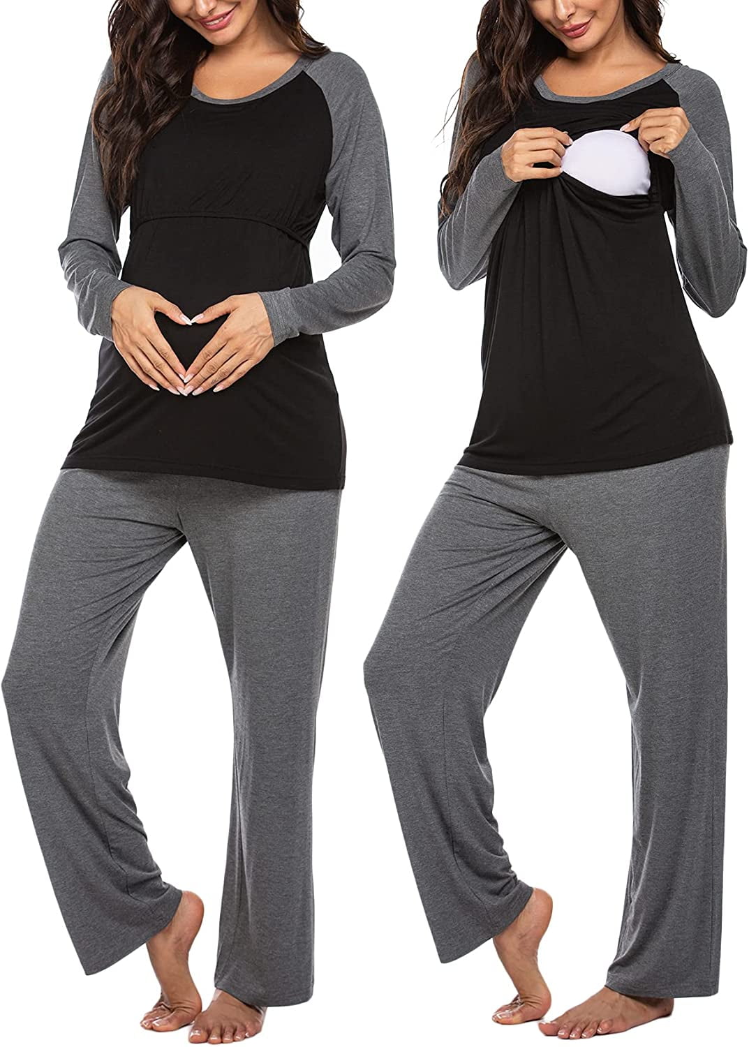 Ekouaer Maternity Nursing Pajama Set Long Sleeves Breastfeeding Sleepwear Hospital Pregnancy Double Layer Top & Pants 