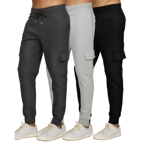 PURE CHAMP Mens 3 Pack Fleece Cargo Pants Active Athletic Mens Sweatpants Workout Jogger Drawstring Size S-3XL (SET1 Size Small)