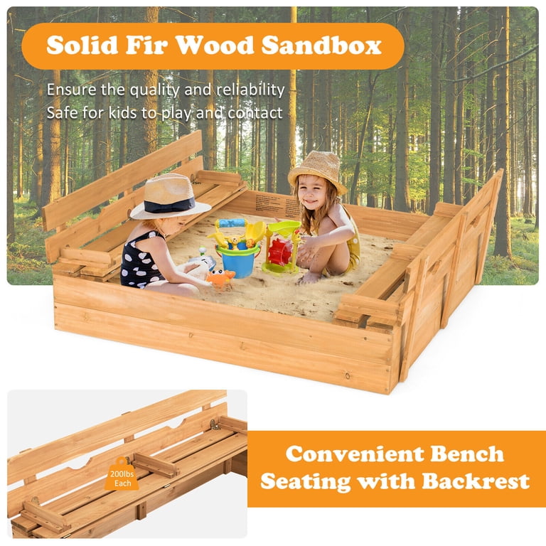 Gymax Kids Large Wooden Sandbox, Cedar Sandpit with 2 Bench Seats