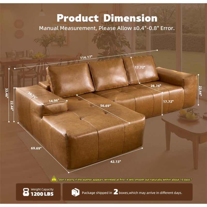 Boneless Brown Faux Leather Cloud Sectional Sofa with Chaise,L Shaped Modular Deep Seat Sofa Couch, No Assembly Required,Left-Hand Facing