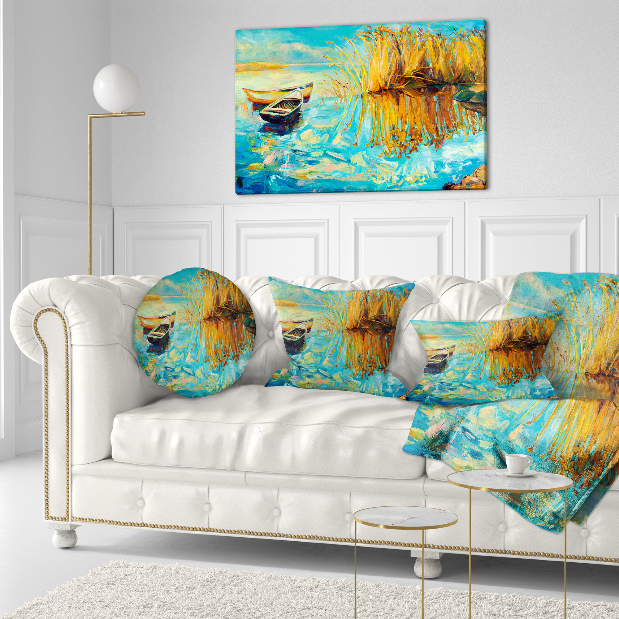 Designart Colorful Lake with Boats - Seascape Throw Pillow - 12x20
