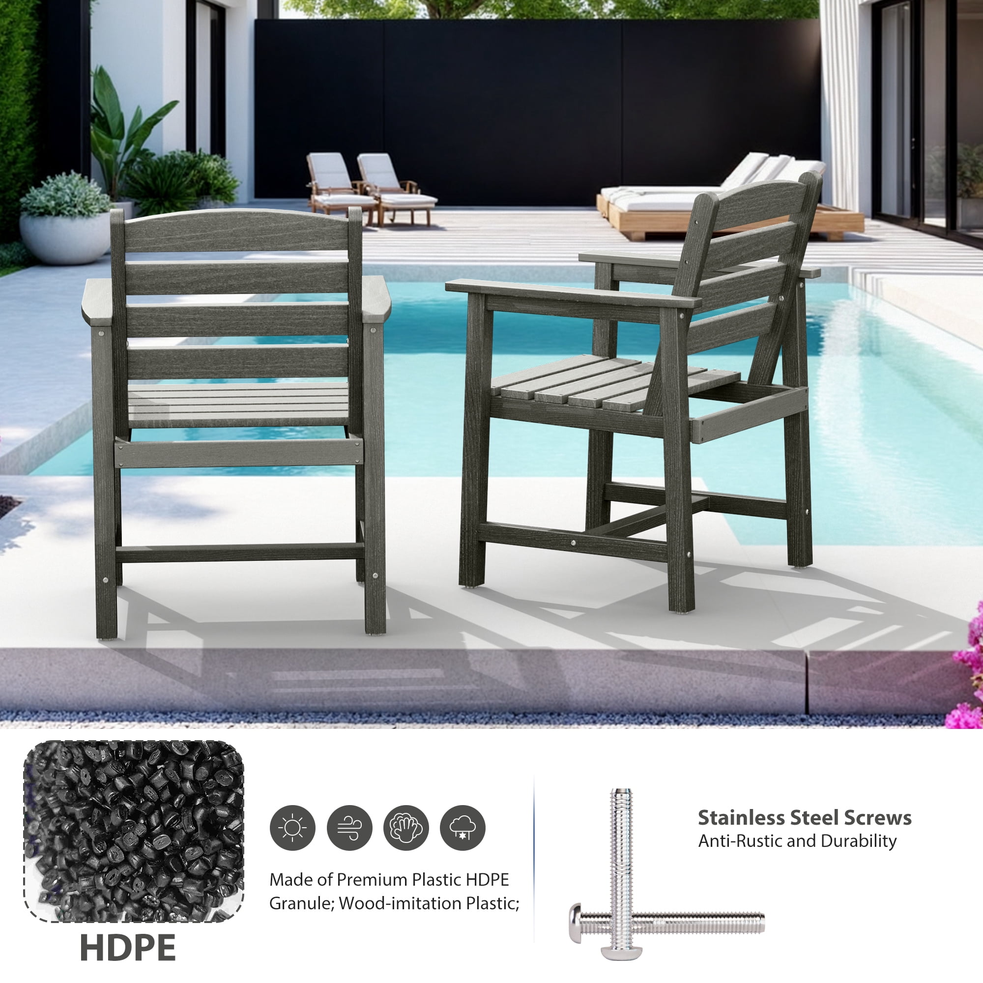 Eclife Set of 2 outdoor patio dining chairs Plastic Plywood Weather Resistant for Balcony Deck Pool Lawn Garden Backyard, Gray