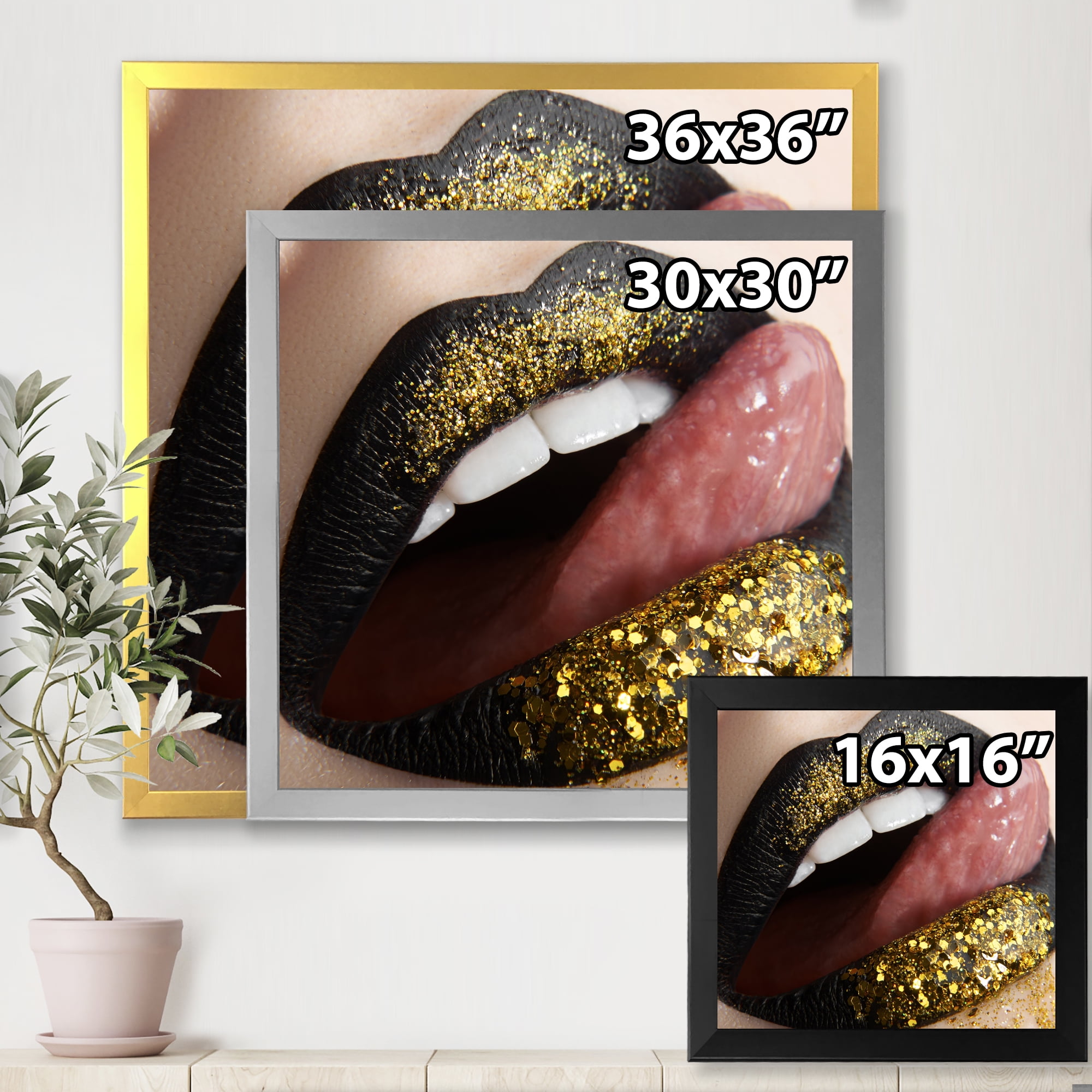 Designart 'Woman Lips Black Lipstick and Gold Sequins' Modern Framed Art Print