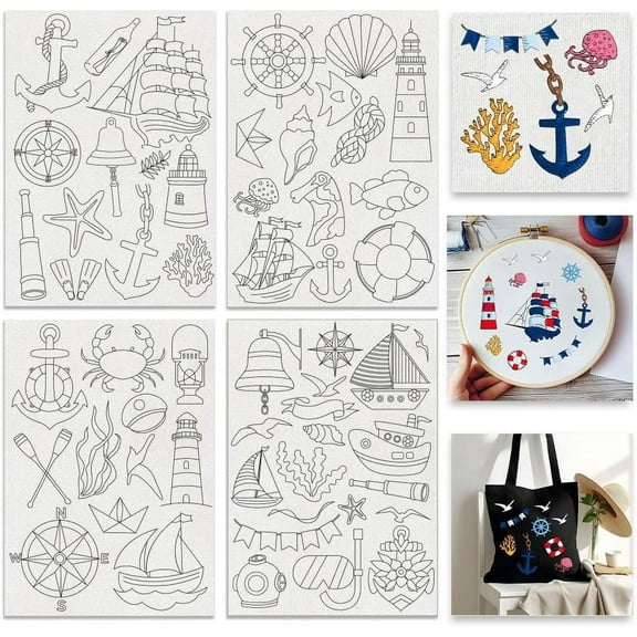 4Sheets 55Pcs Water Soluble Embroidery 11.7x8.3inch Summer Ocean Navigation Pattern Transfers Water Soluble Stabilizer for Embroidery Stick and Stitch Embroidery Designs