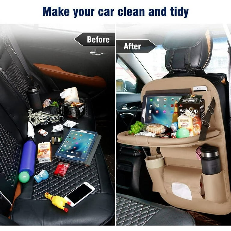 PU Leather Car Seat Organizer with Foldable Table Tray Backseat Car  Organizer For Babies Toys Storage Biege 