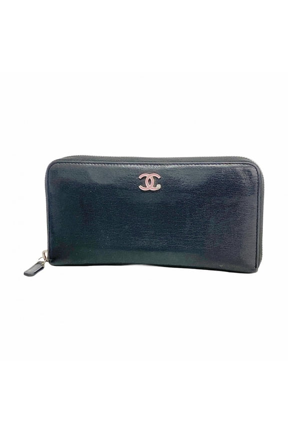 Pre-Owned Chanel long wallet, leather, black, women's (Good)