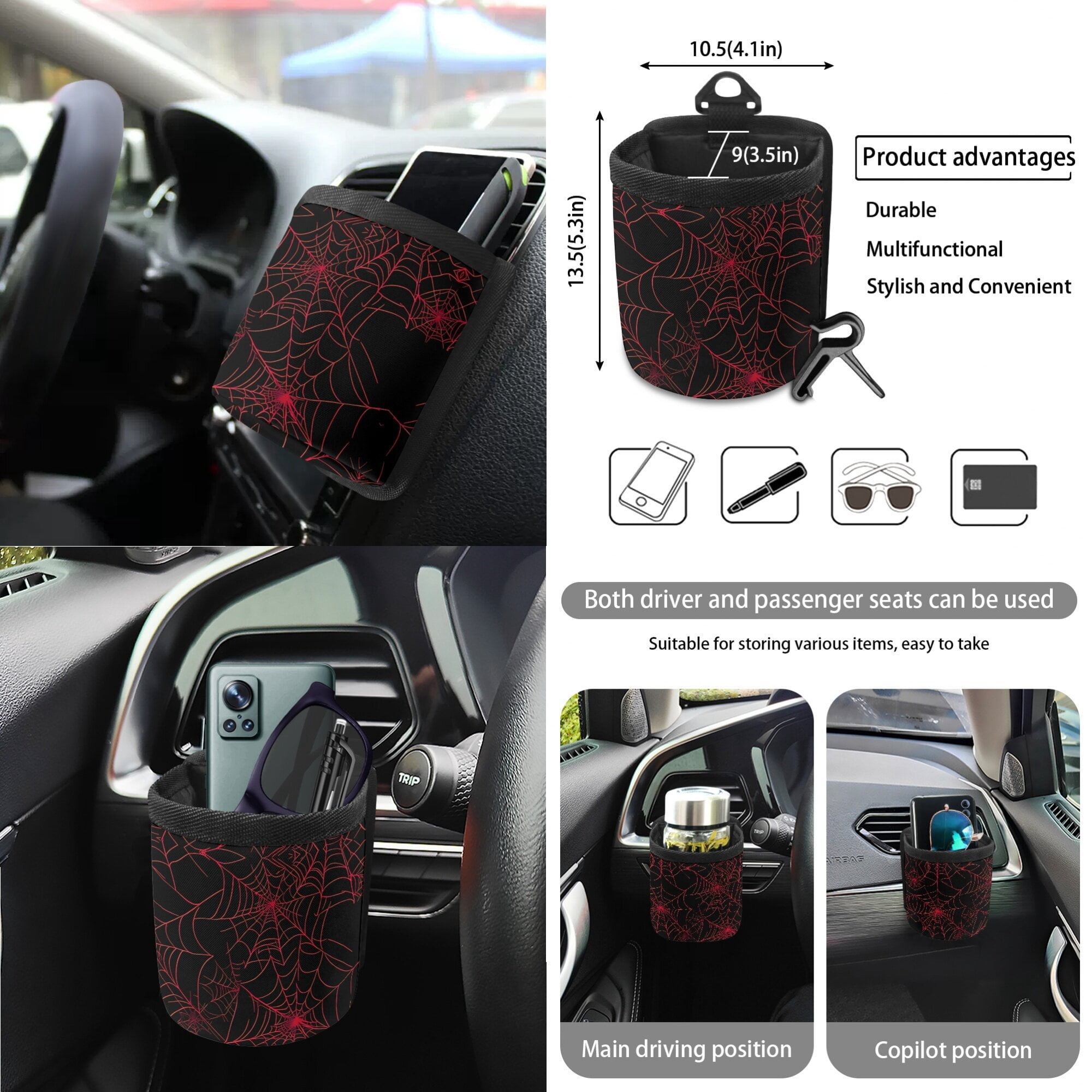 LedBack Spider Web Print Car Seat Cover Set for Men Decorative High Back Bucket Seat Cover with Safety Belt Pads Car Air Vent Storage Pouch Rear View Mirror Protector Universal Fit