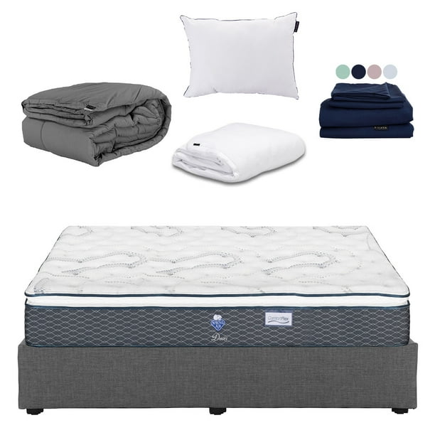 Colchón King Size Dover + Base Cama + Almohada One + Protector Cloud + Sábanas Softy + Edredón Homy