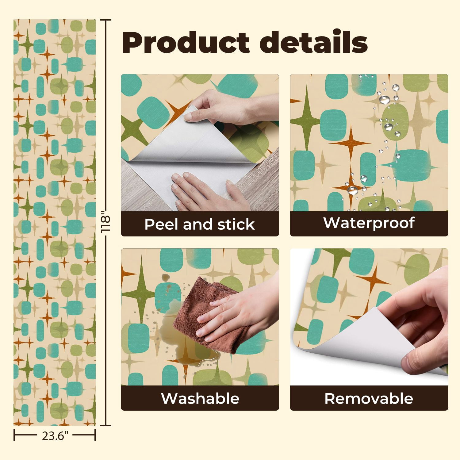 Peel and Stick Wallpaper 23.6in x 9.8ft Retro Abstract Seamless Mid century modern Contact Paper Vinyl Waterproof Self Adhesive Wall Paper for Bedroom Shelf Cabinet Renter Friendly