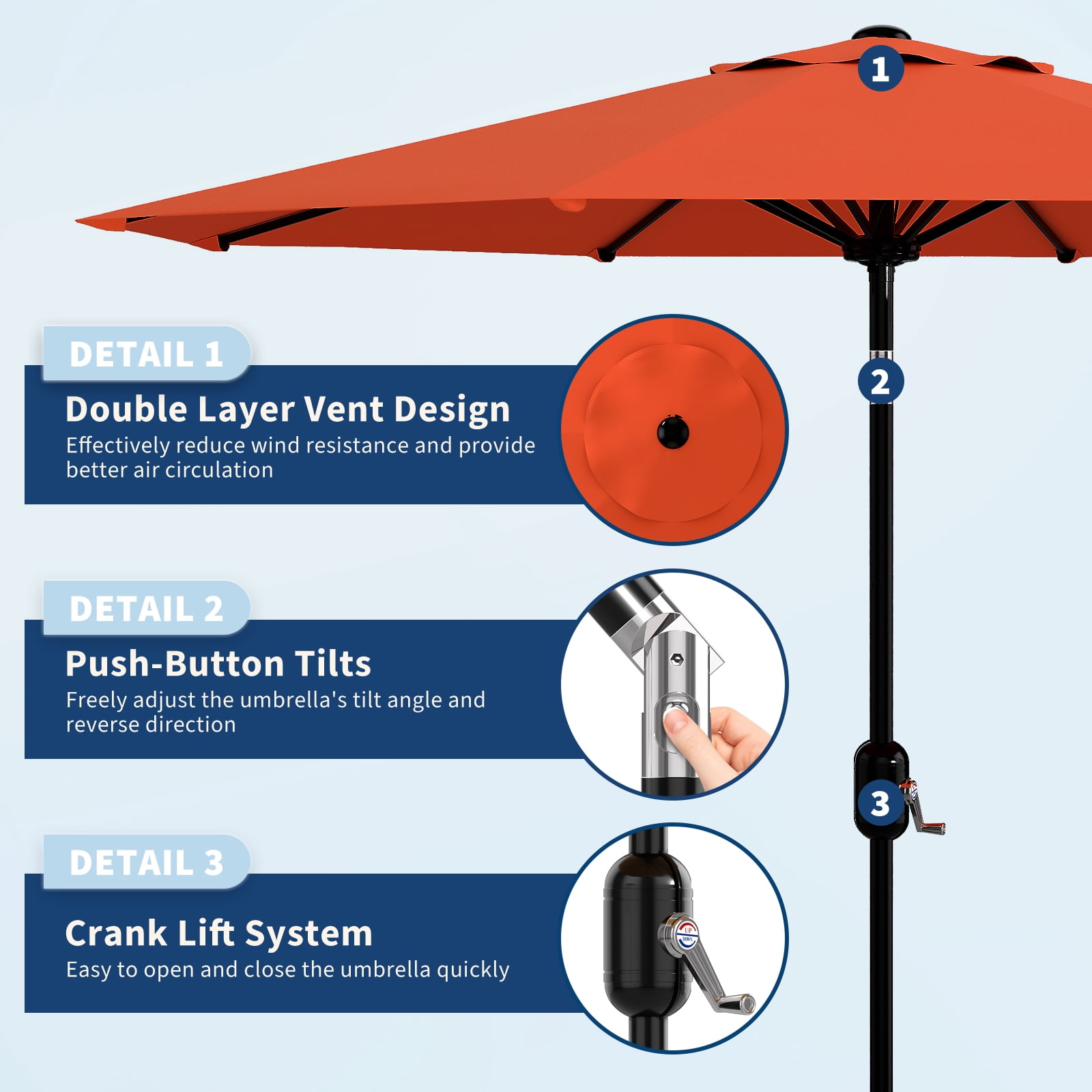10FT Patio Umbrella Outdoor Market Sun Parasol – 8 Sturdy Ribs, 360° Adjustable Tilt & Crank, UV Protection, Waterproof, Table Shade for Deck, Pool, Garden, Camping